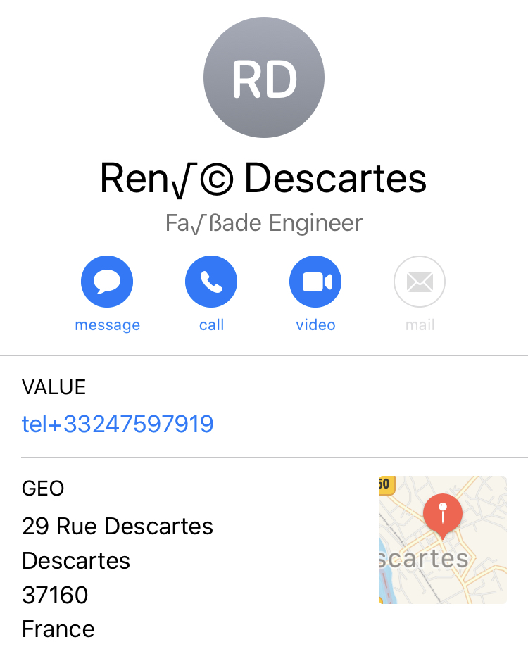 vCard 4.0 doesn't display correctly, with labels ignored and wrong