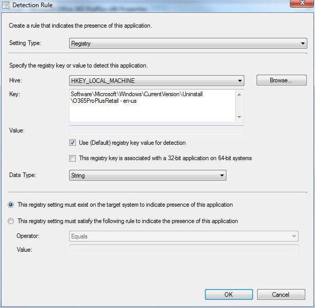 microsoft office 365 SCCM 2012 R2 detection method not working