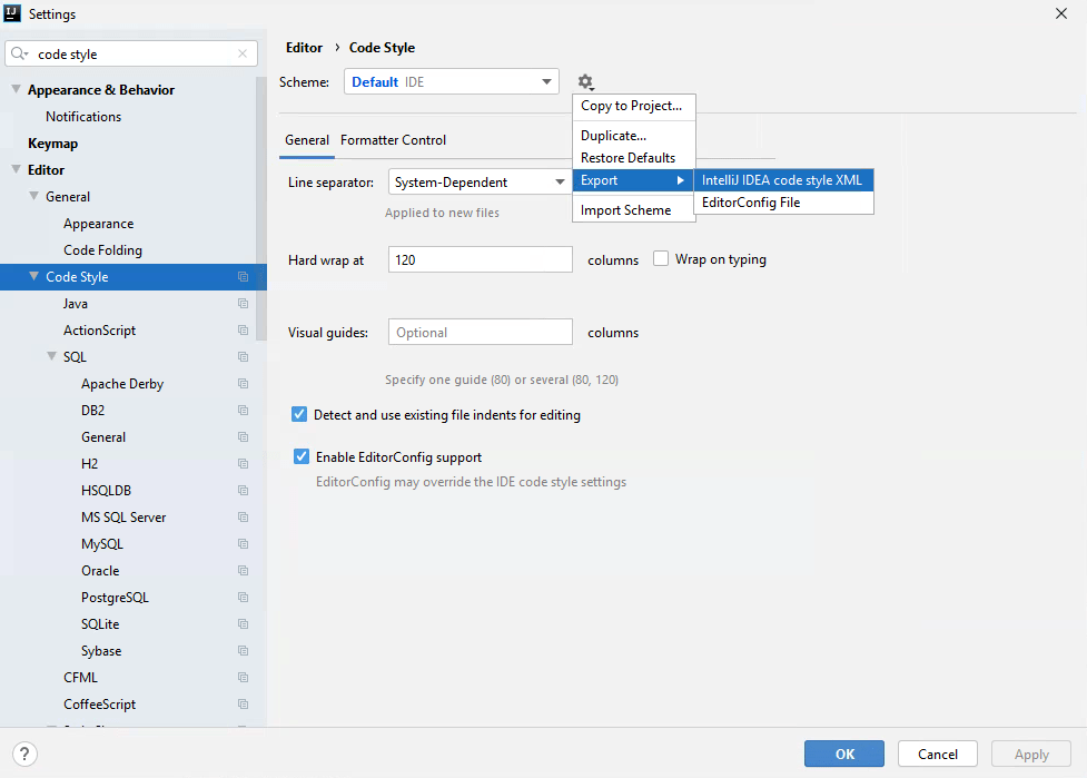 java How to export all my Intellij code styles to a .editorconfig