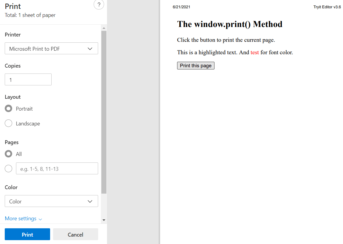 javascript Is it possible to make Window.Print() method to print the