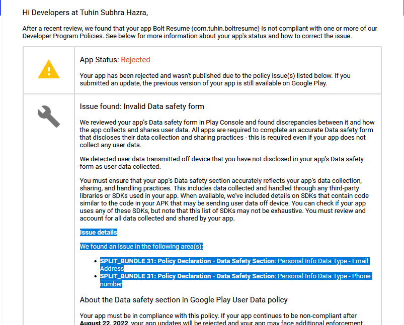 android Action Required Your app is not compliant with Google Play