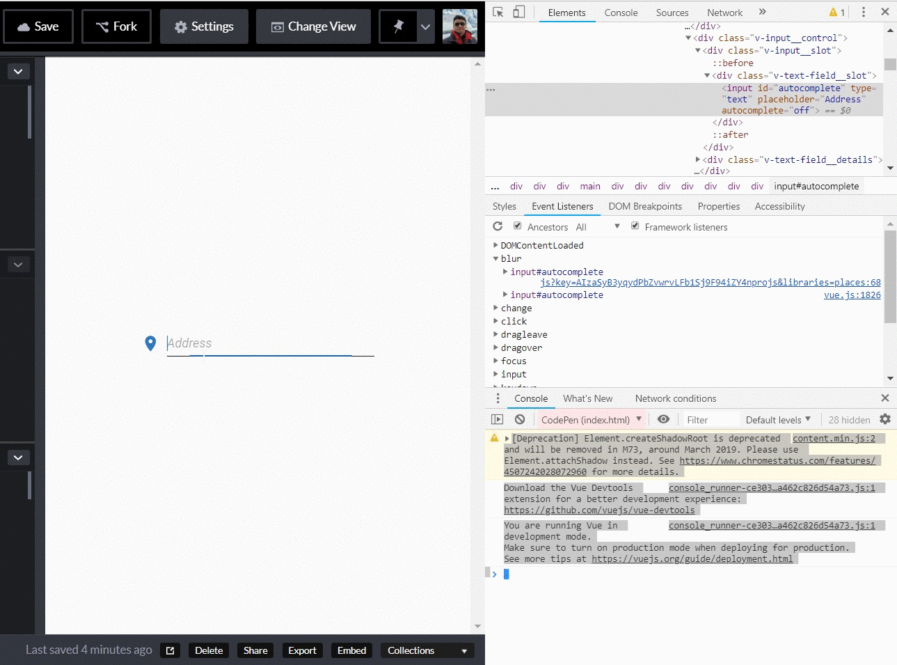Vue Js Google Address Autocomplete javascript Vuetify clears input after clicking on result from Google