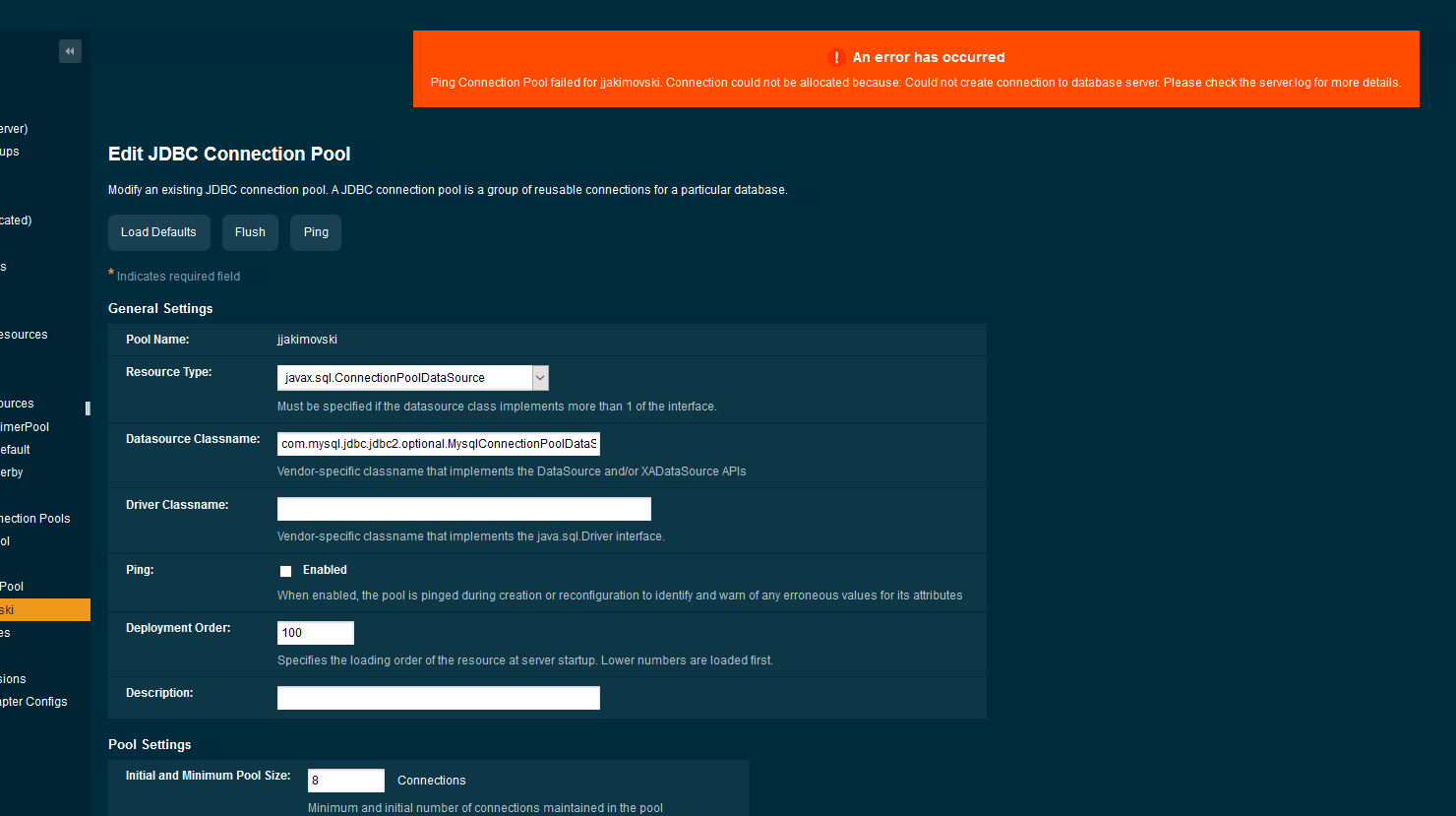 mysql Payara could not create connection with database server on