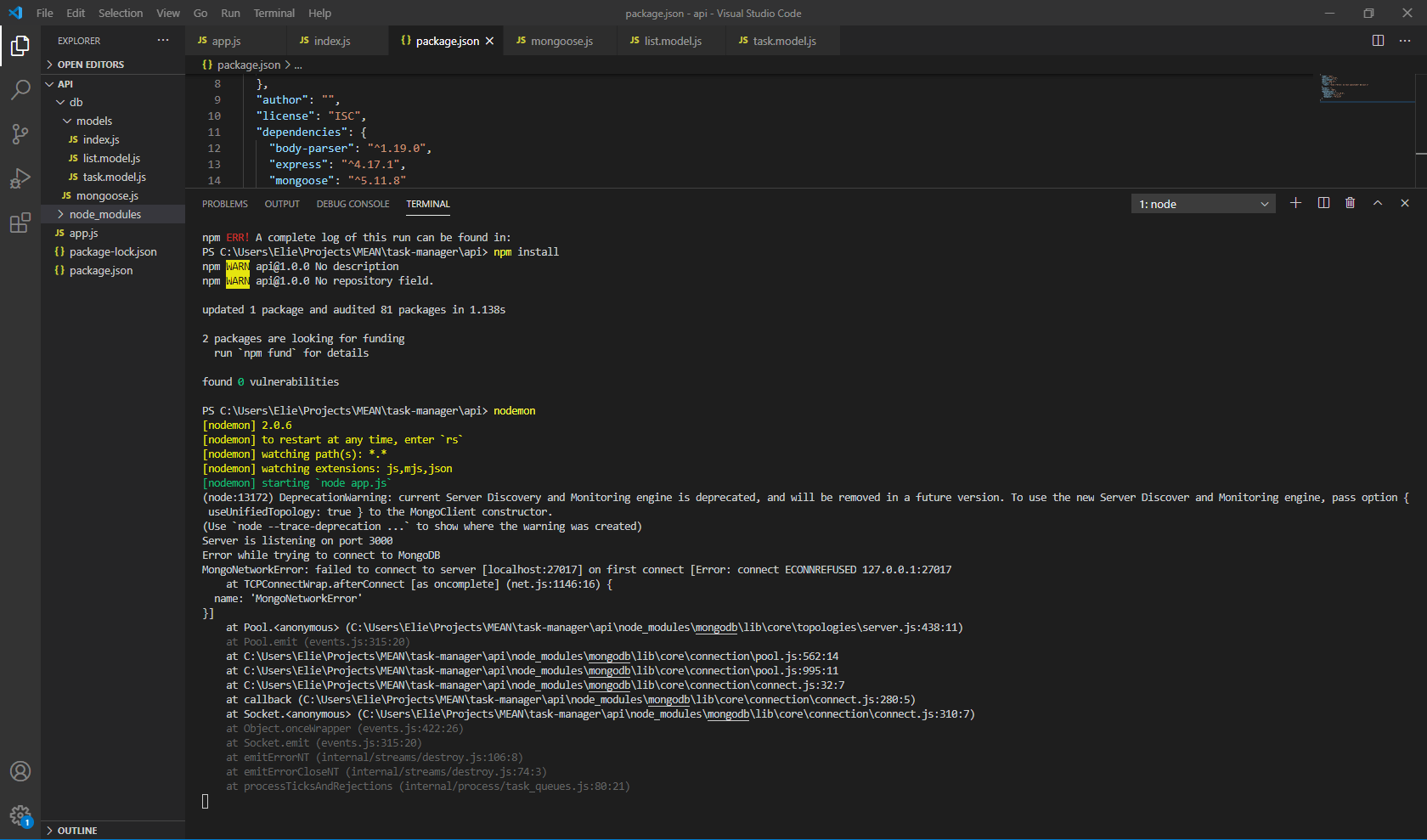 node.js Error Cannot find module 'C\Users\Elie\Projects\MEAN\task