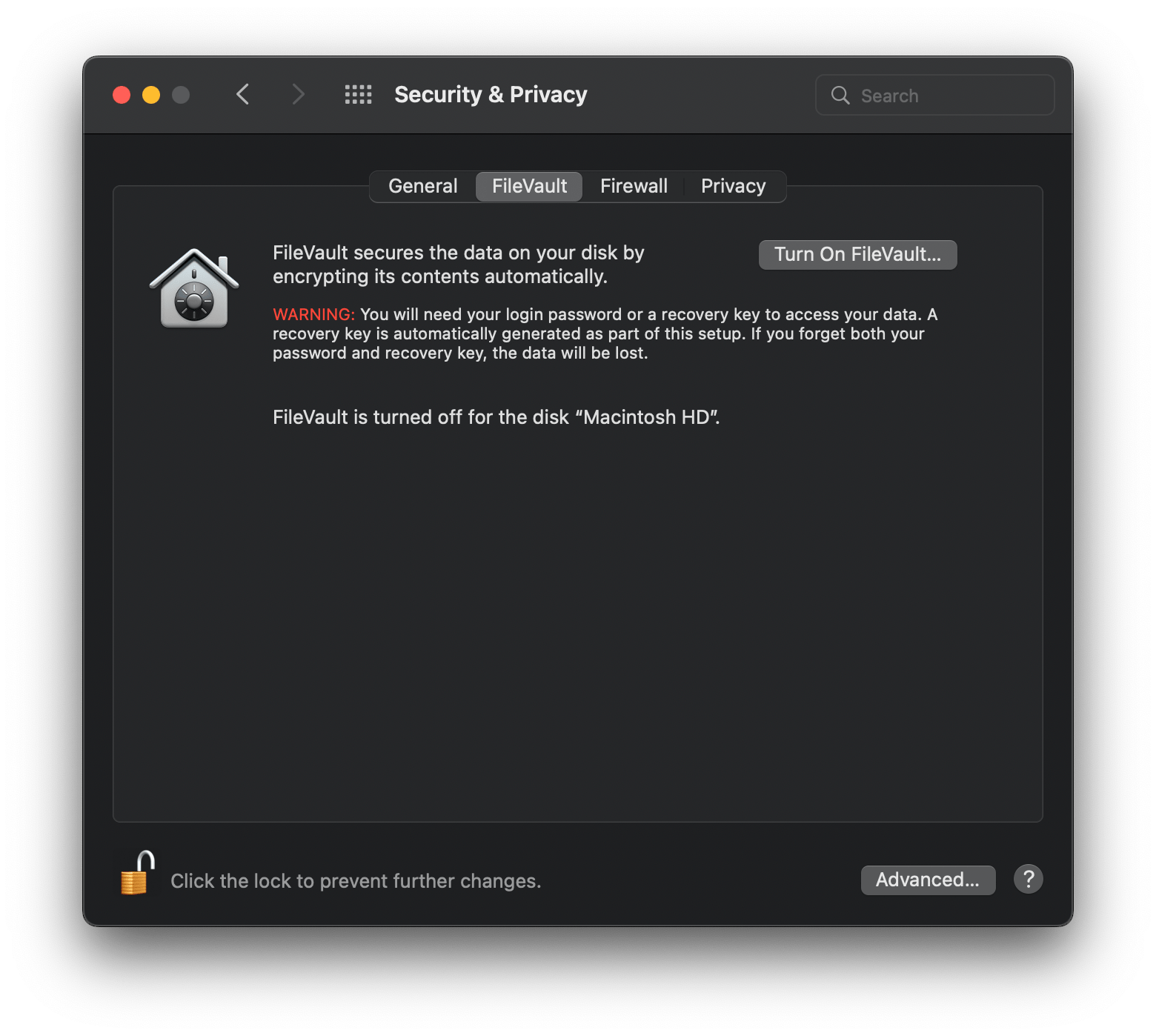 Does FileVault on macOS Monterey say it will use a recovery key