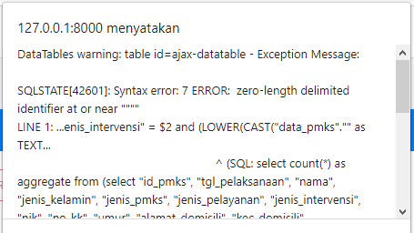 Laravel Postgres SQLSTATE[42601] Syntax error 7 ERROR zerolength