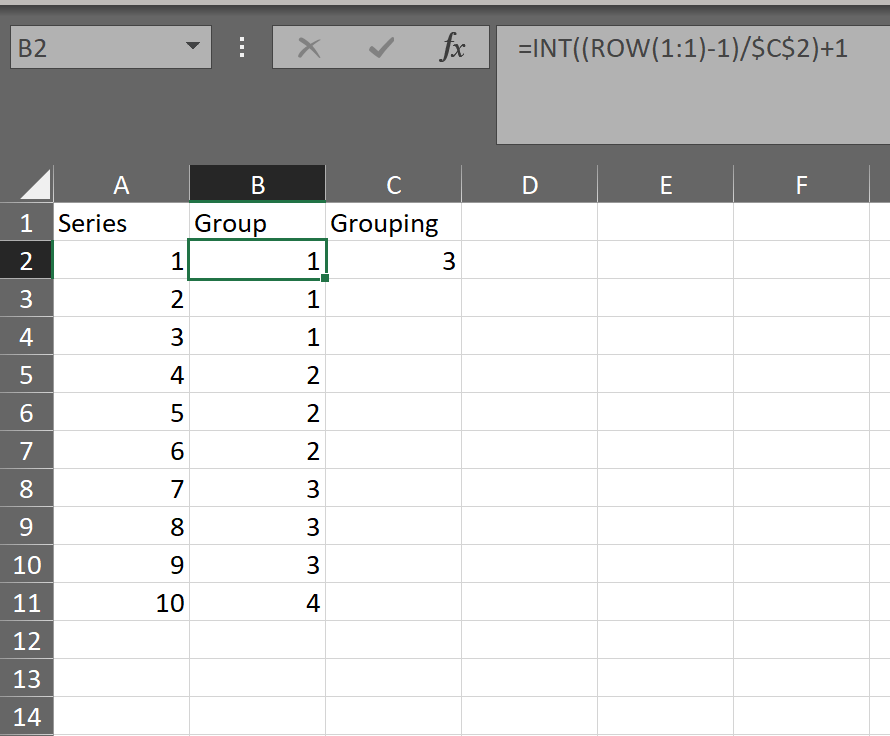How can we group and name a series for n consecutive numbers in excel