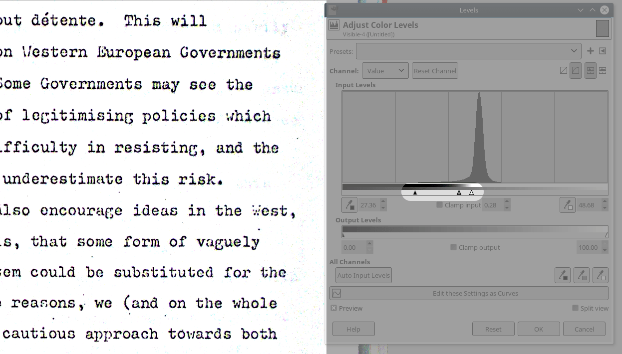 Gimp Transforming Text Page Images into HighContrast Black and White with Enhanced Text