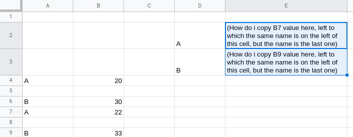 google sheets How to use a query to find a row of same name but last