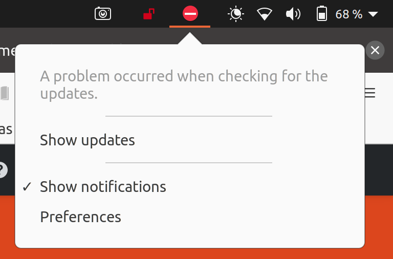 GNOME top bar tray icon shows error icon "A problem occured when
