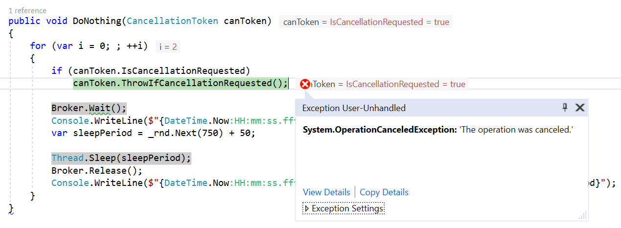 c CancellationToken.ThrowIfCancellationRequested() throws an