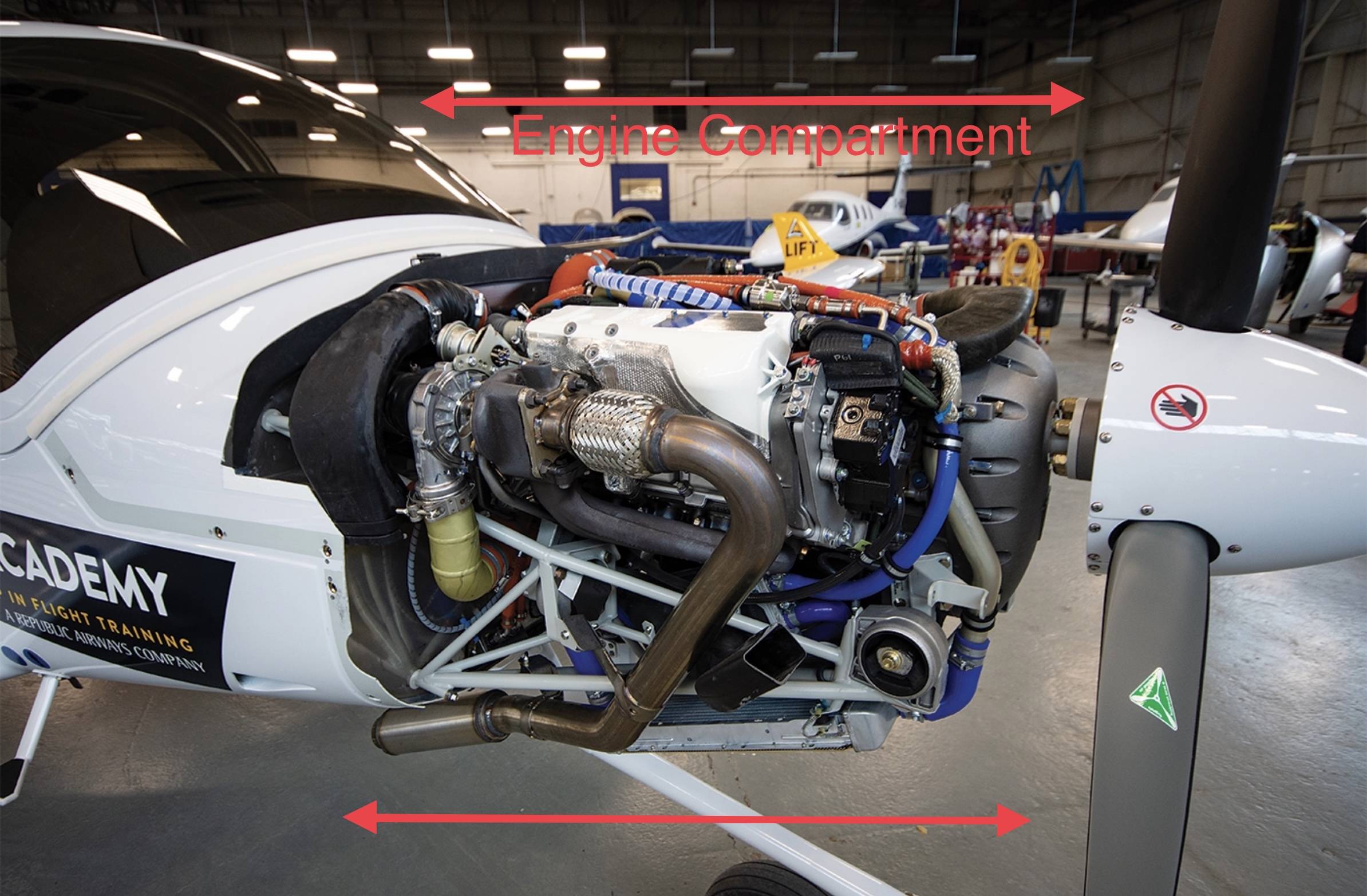 Where exactly is the engine compartment, remarked in yellow? Aviation