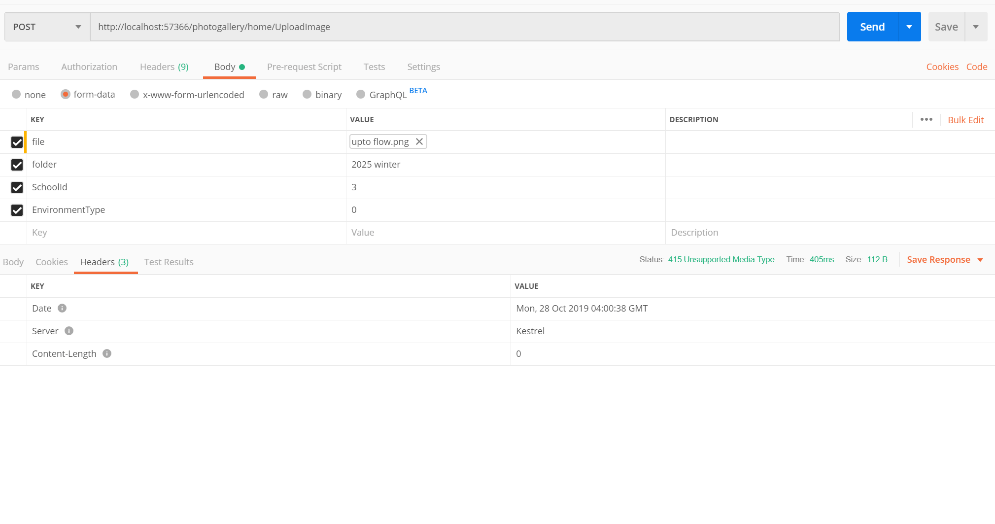 c get 415 Unsupported Media Type when testing my Web API using