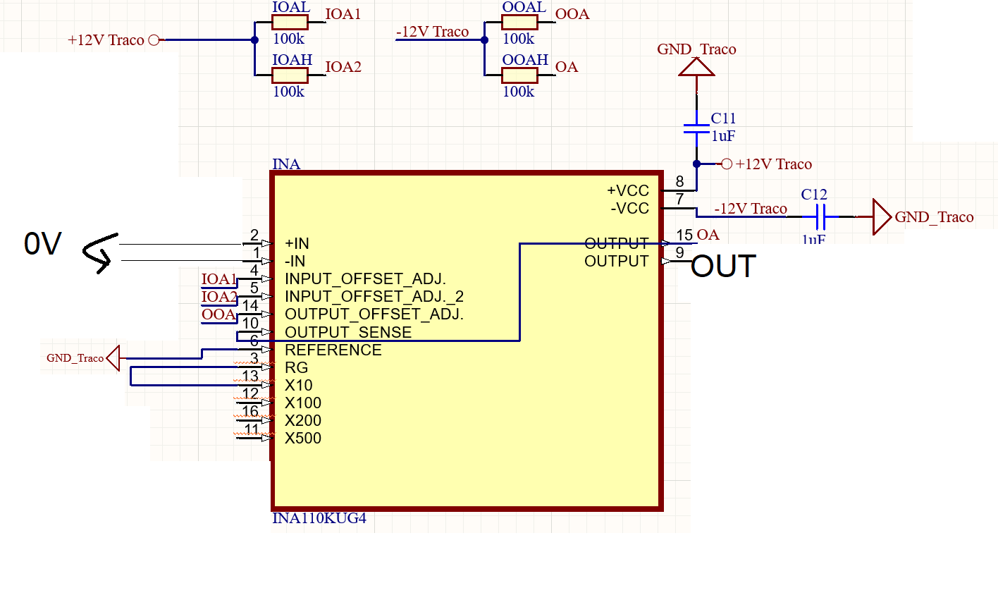 Why does this instrumentation amplifier (INA110KUG) output 9.8 volts