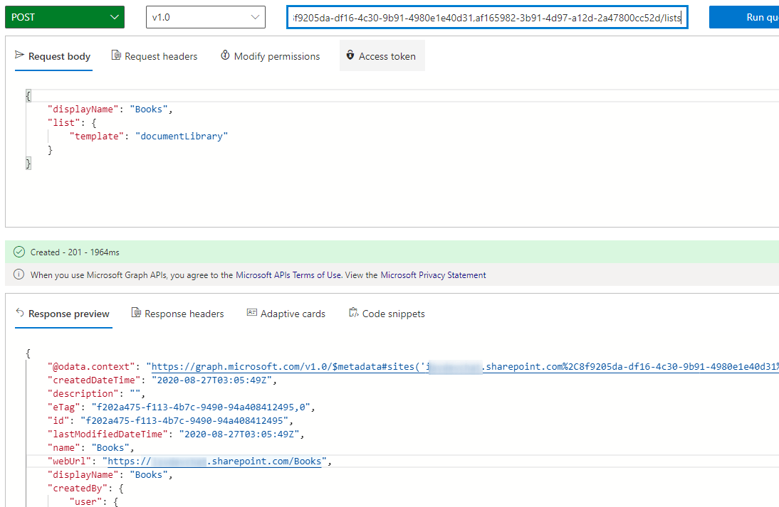 Create document library (inside Sharepoint site) through graph APIs