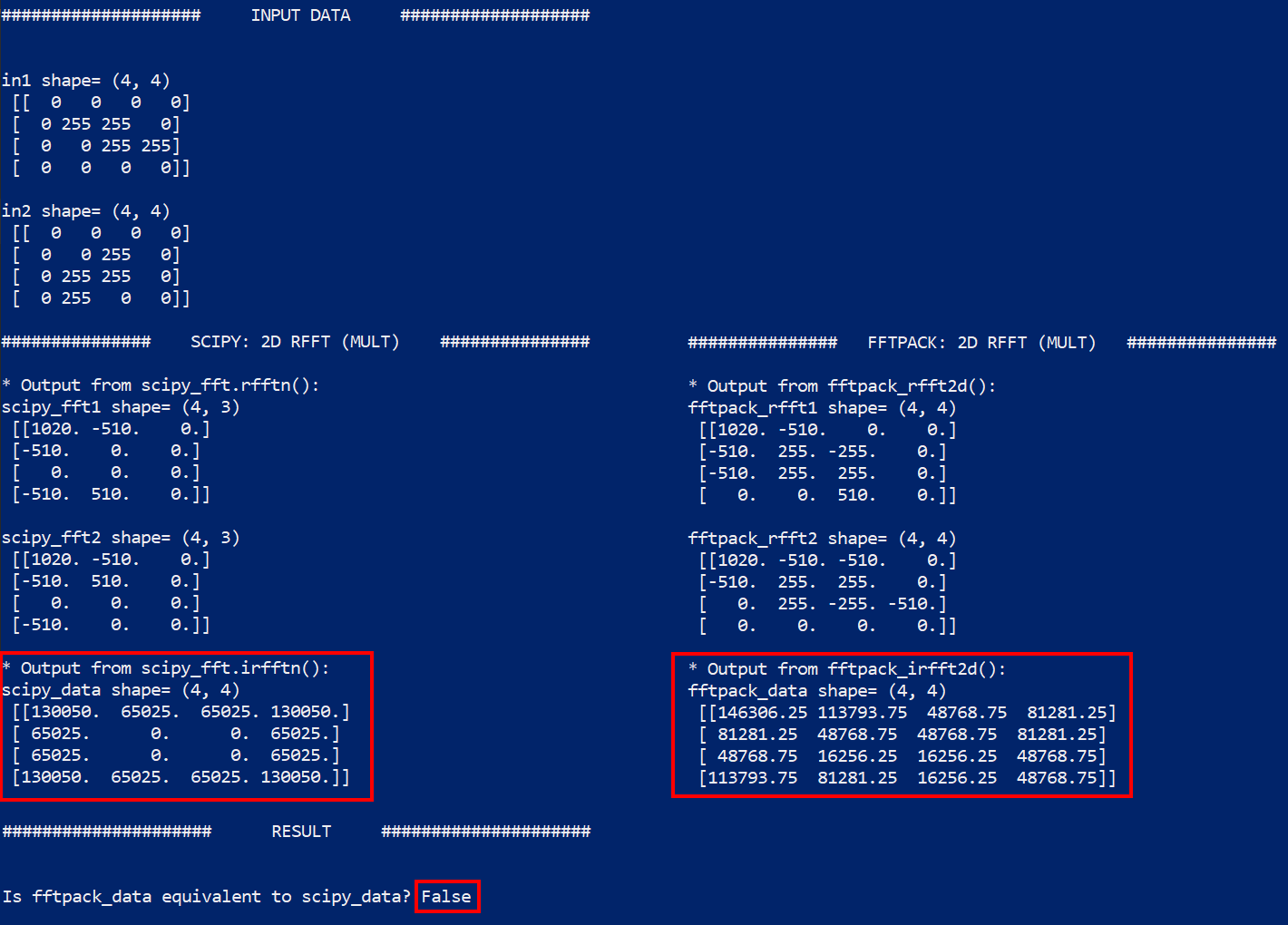 python How to multiply two 2D RFFT arrays (FFTPACK) to be compatible