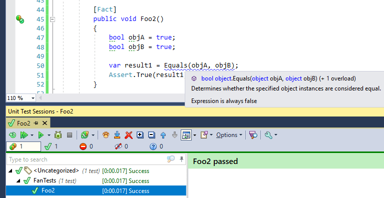 Why does ReSharper report "expression is always false"? (for boolean Equals true true) Stack