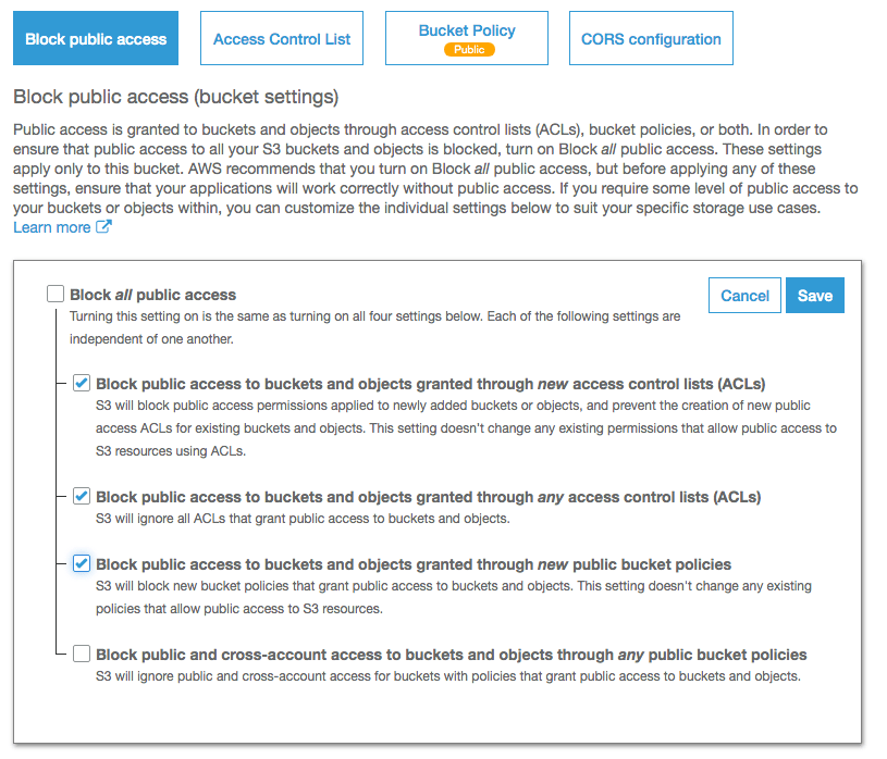 amazon s3 S3 CORS configuration superseded by public access settings