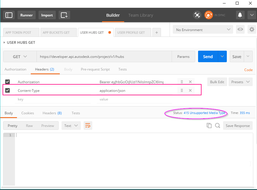 autodesk Contenttype application/json causes 415 Unsupported