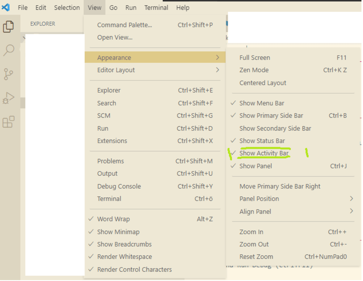 How can I show VS Code's disappeared extensions and files sidebar