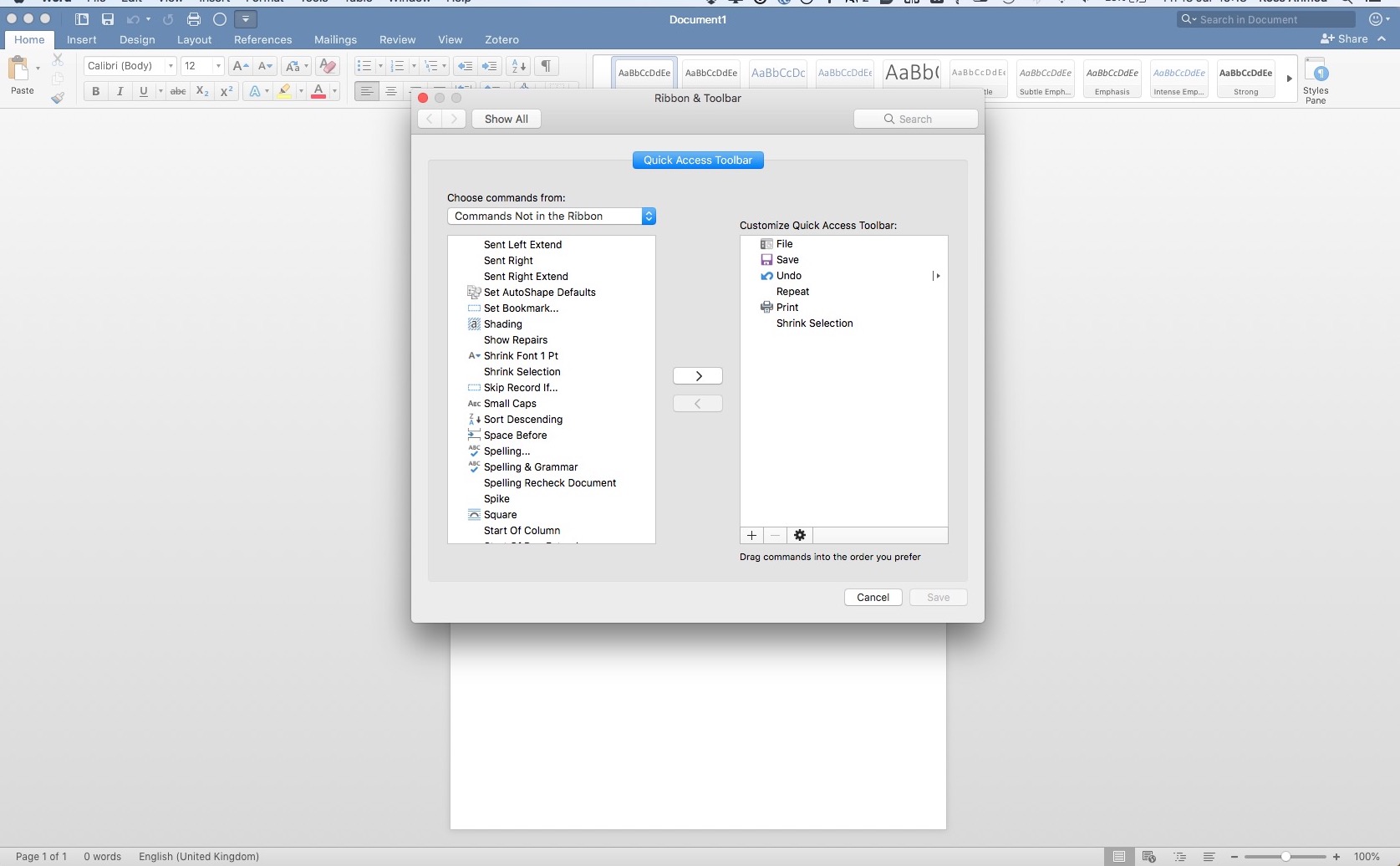 macos Cannot find Shrink One Page command in Word for Mac 2016