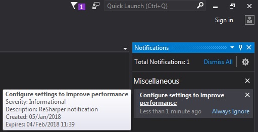 c Visual Studio shows 'Configure settings to improve performance' notification for ReSharper