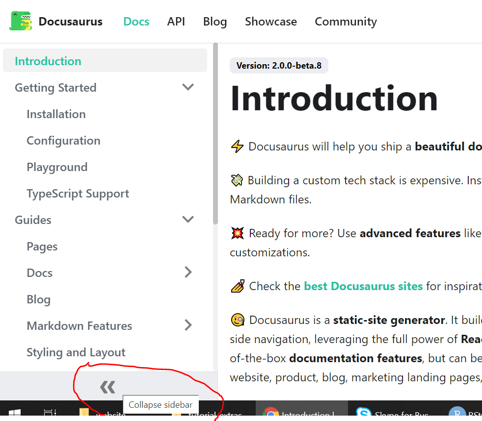 docusaurus Collapse sidebar (Table of Contents, left side) section Stack Overflow