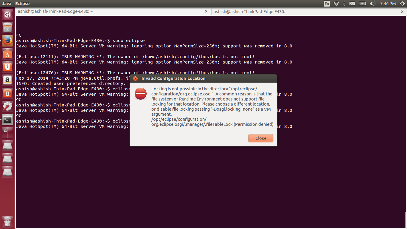 java Unable to start eclipse kepler without root Stack