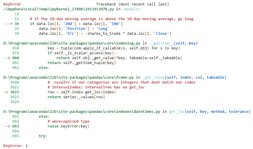 pandas Getting KeyError when implementing Turtle trading strategy