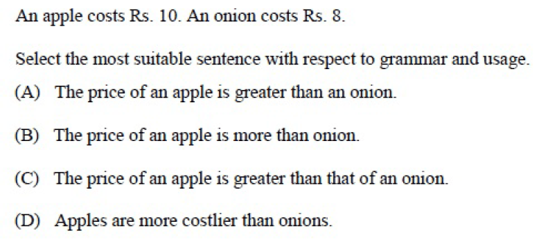 grammar "The price of an apple is greater than an onion" Why is this
