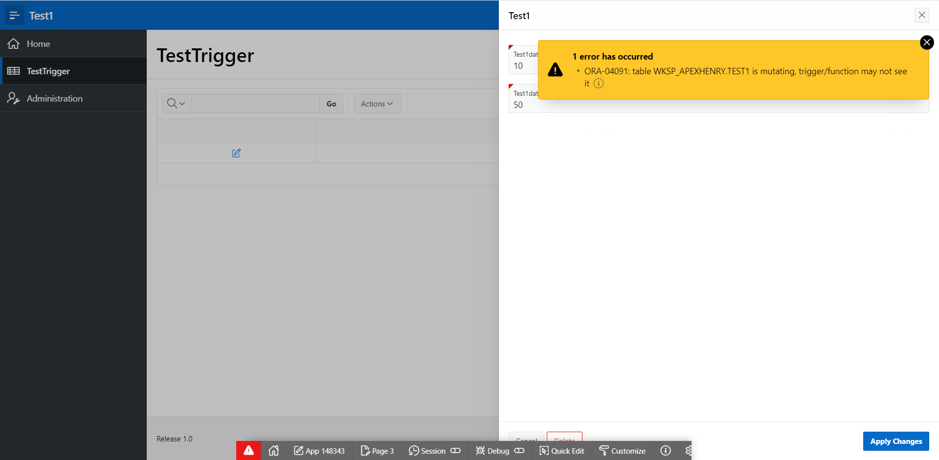 how to solve the error 'ORA04091 table WKSP_APEXHENRY.TEST1 is