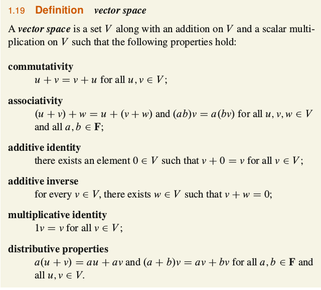 Axioms for vector space in Axler's "Linear Algebra Done Right