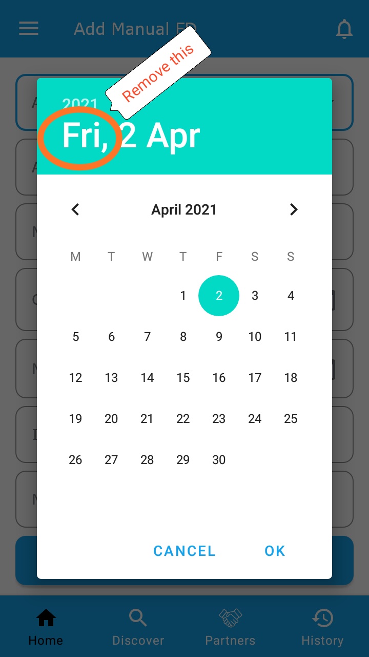 java How to remove the name of day displayed on Material DatePicker's