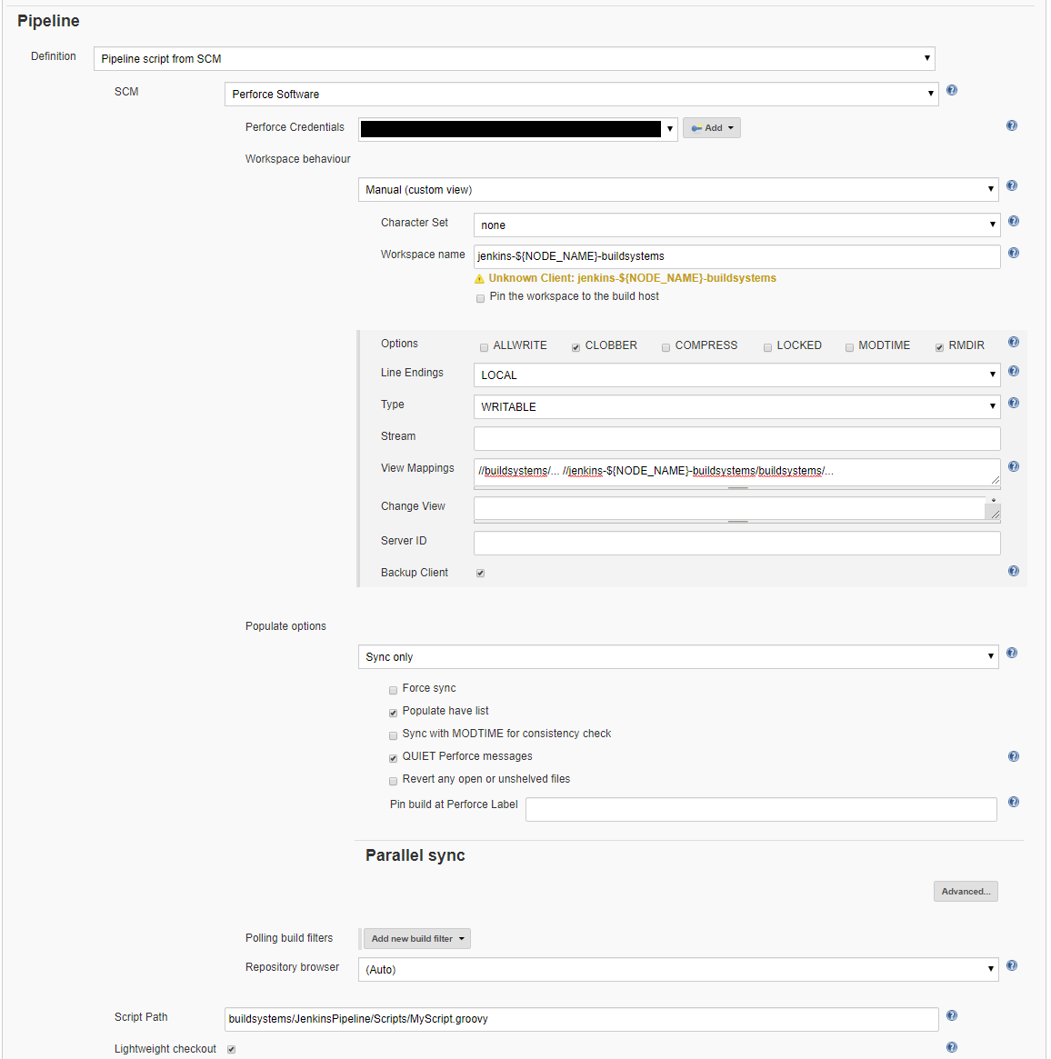 Jenkins Pipeline script from SCM shares Perforce workspace with Sync