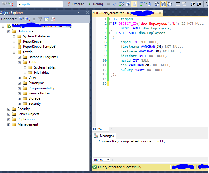 sql server Creating table with TSQL can't see created