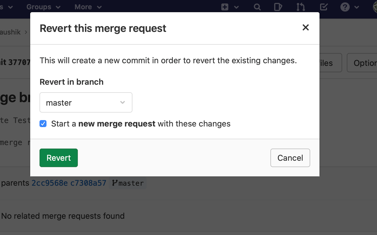 git Gitlab Revert in branch what branch to select when reverting