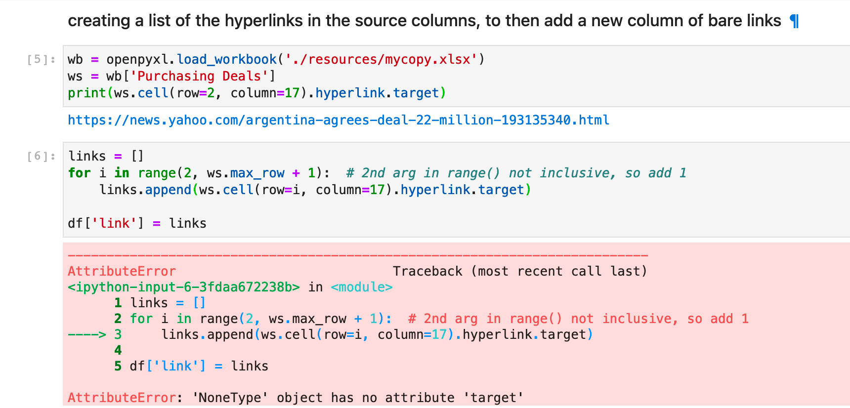 Openpyxl trying to extract hyperlinks from column and them to a new a column learnpython