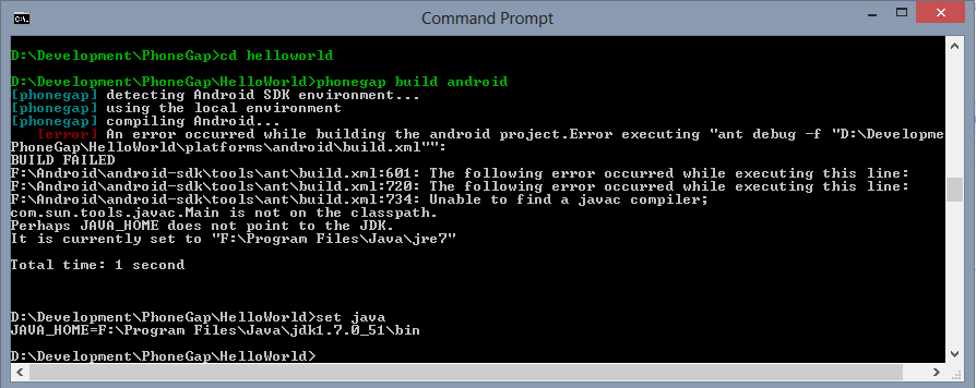 java PhoneGap cannot run javac yet is is definitely on PATH Stack