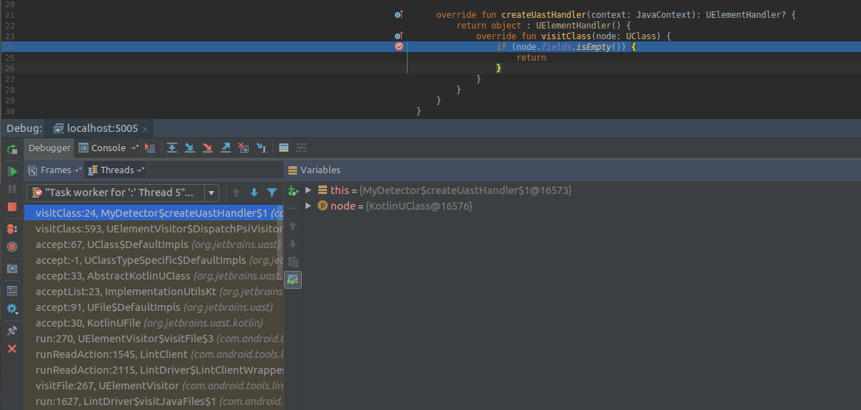 How to debug java source code when I implement a custom Detector for