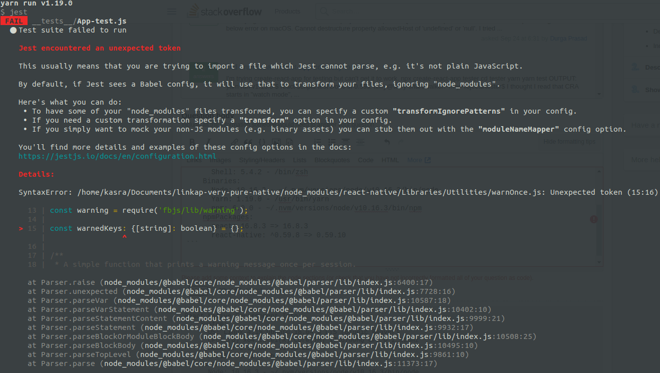 react native Jest encountered an unexpected token SyntaxError