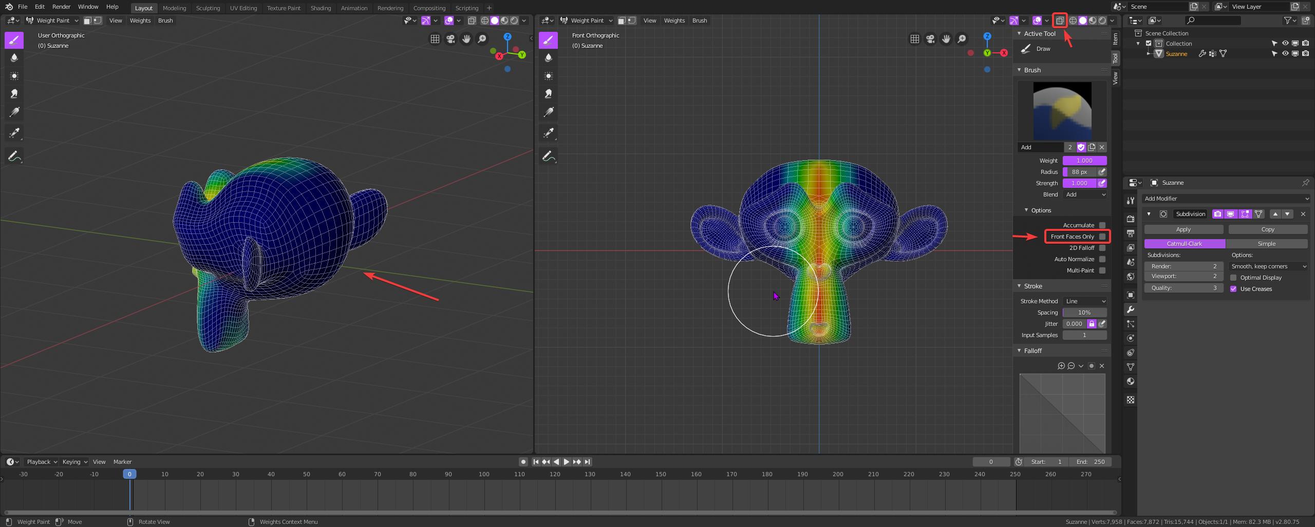 How can I paint through a mesh while weight painting ? [Blender 2.8