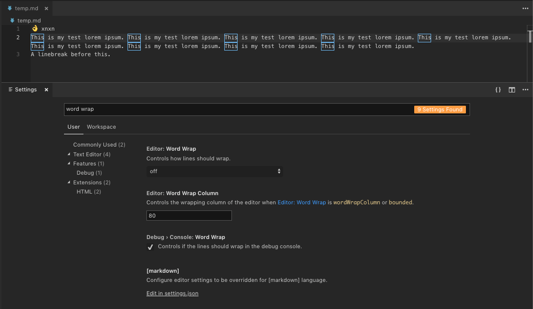 visual studio code How do I turn VSCode Word Wrap off as