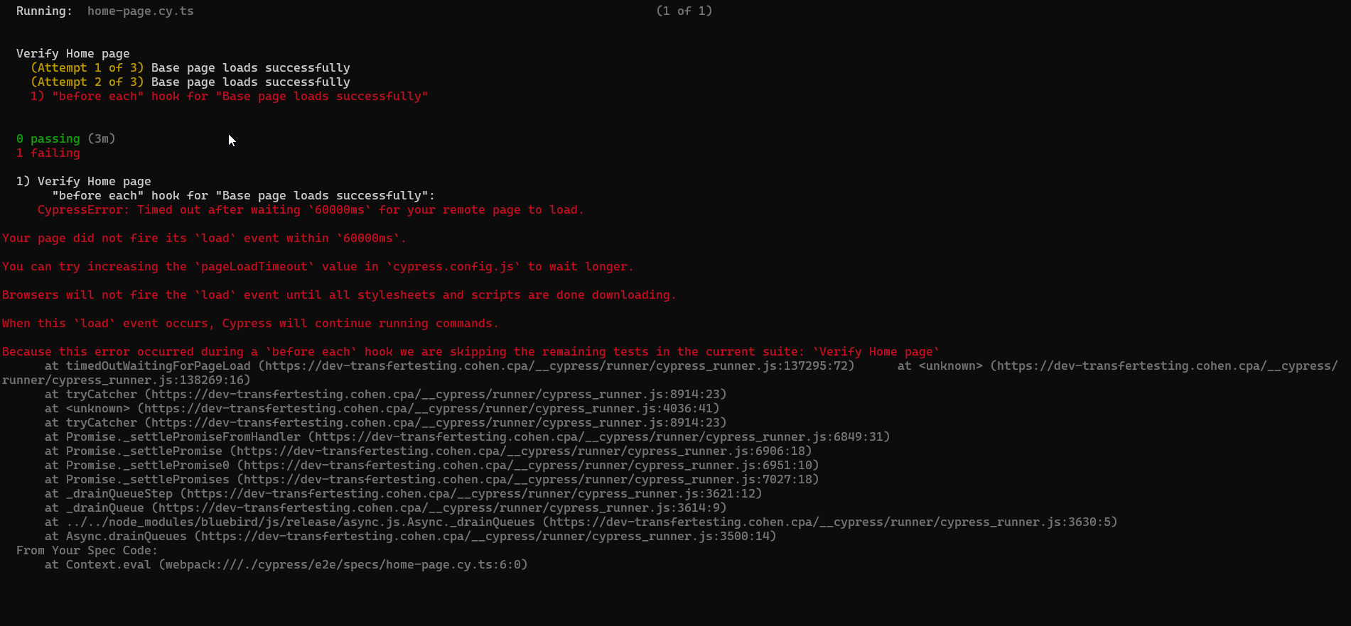 node.js With Dockerized Cypress test I am getting consistent failure