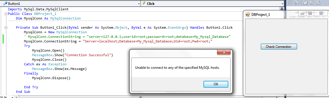 Unable to connect to any of the specified MySQL hosts when