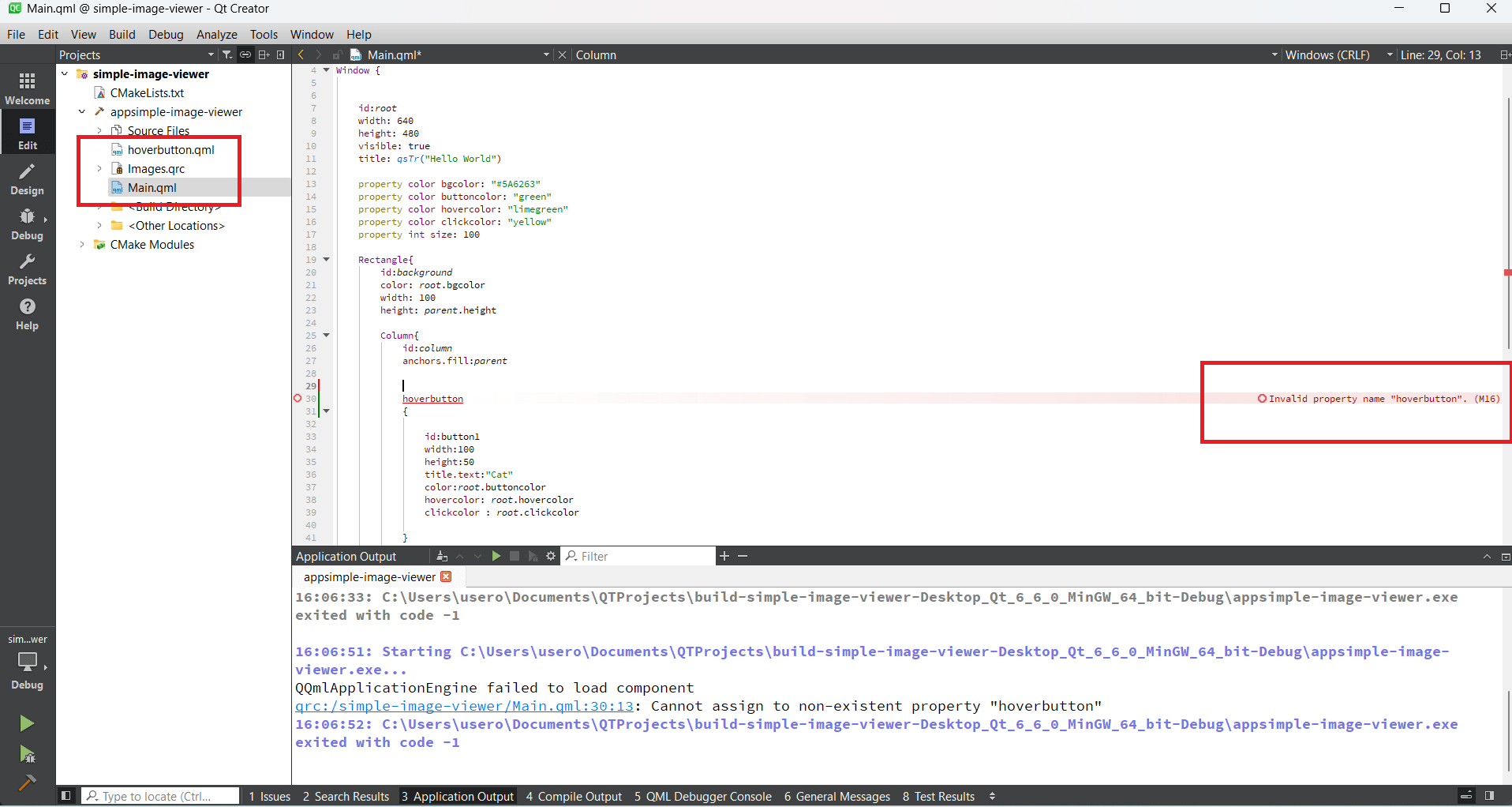 qml Invalid Property name "hoverbutton". (M16) Qt quick