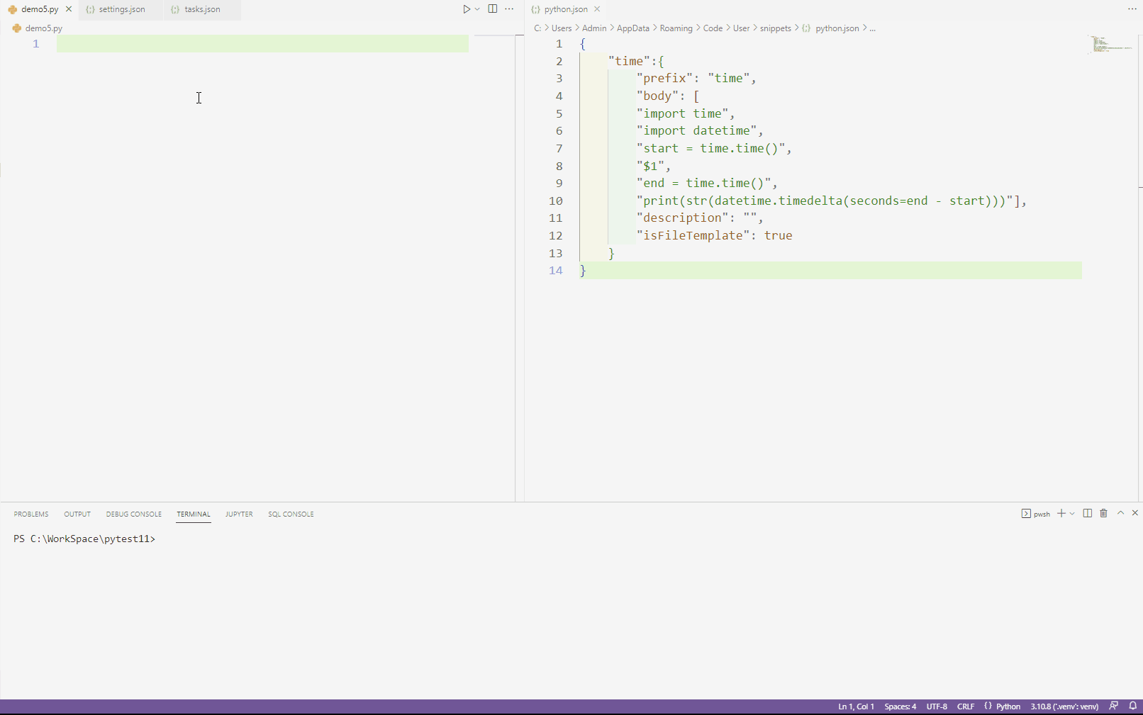 visual studio code Setting a python script default when creating a
