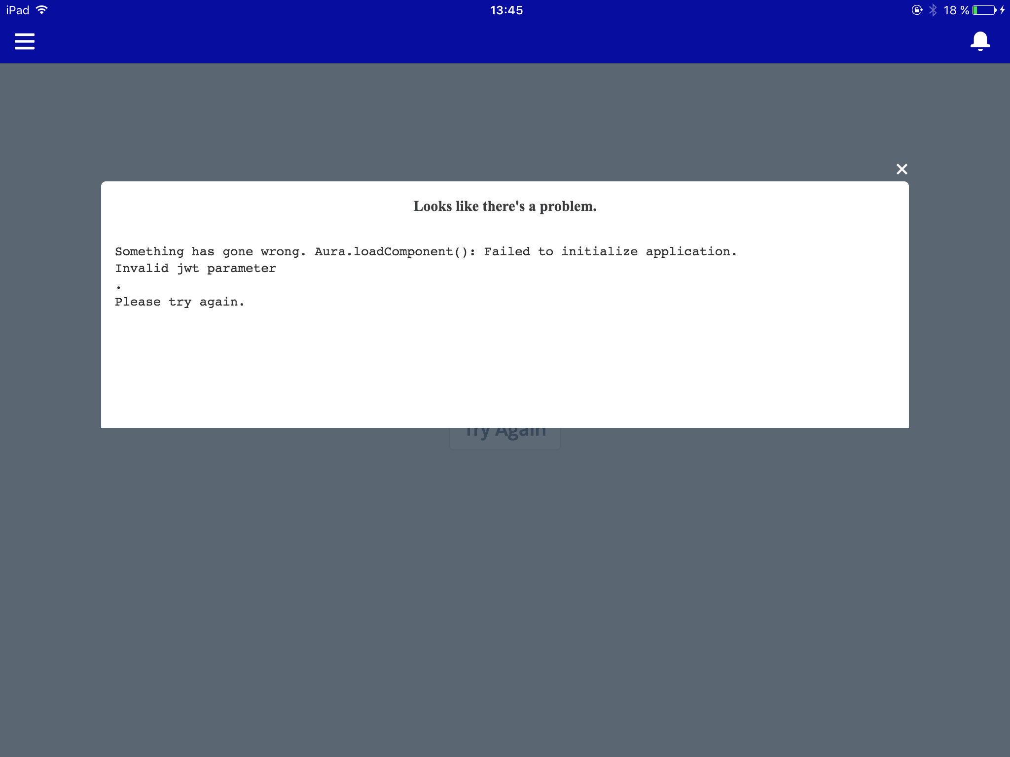 Failed to initialize application Salesforce