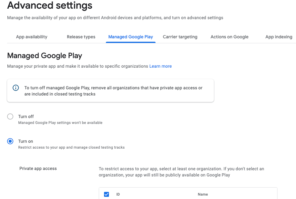 android Google Play Console Managed Google Play (B2B) Closed