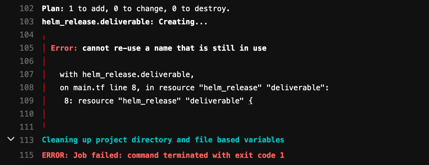terraform helm release cannot reuse a name that is still