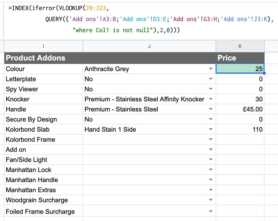 When using a drop down list in google sheets, how do I pull in a figure